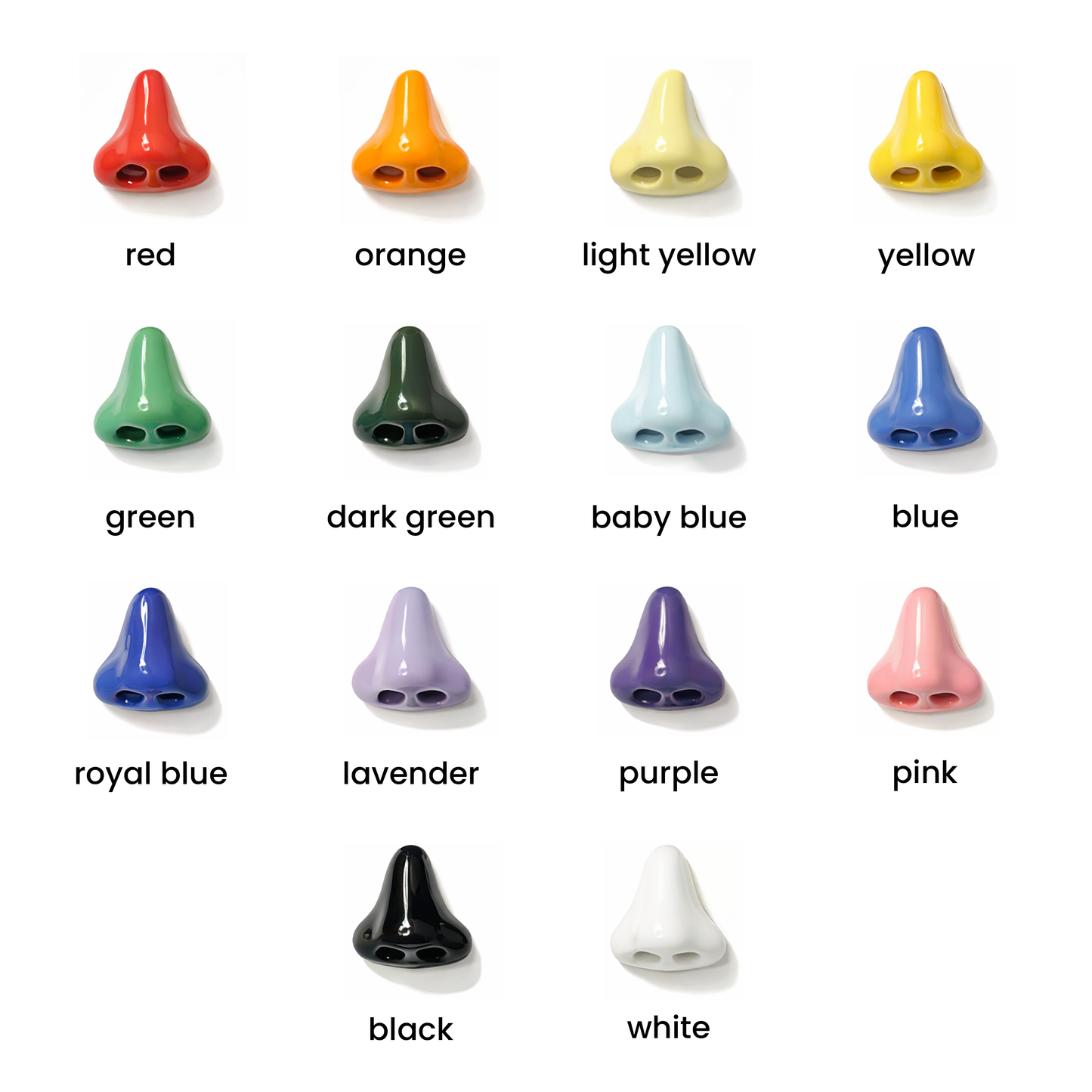 Assorted colored nose-shaped objects on a white background