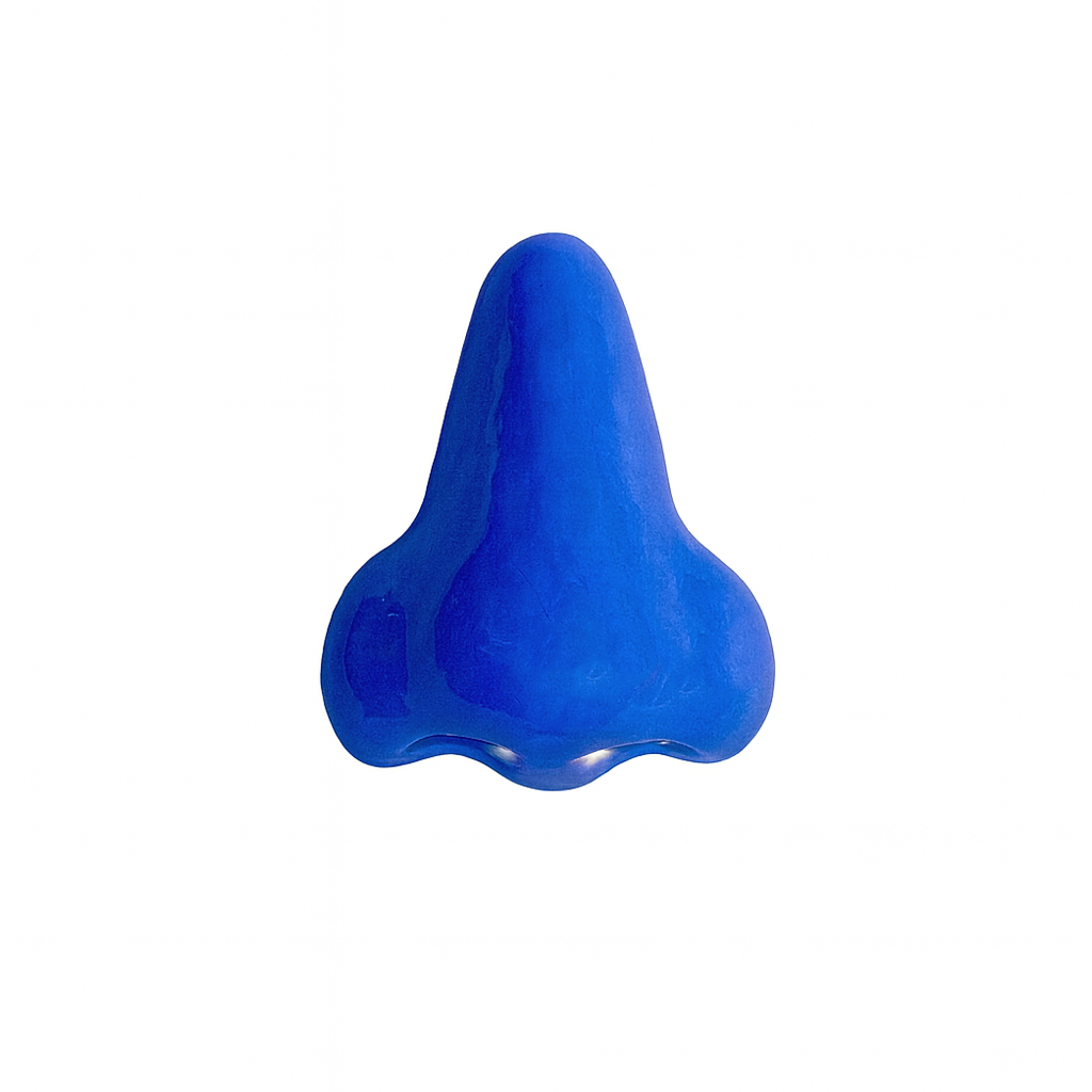 Blue plastic nose-shaped object on a white background